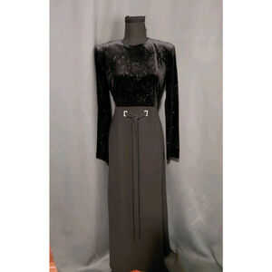 Vintage David Warren Formal Black Velvet Top Lace Waist Belted Maxi Dress Sz 12